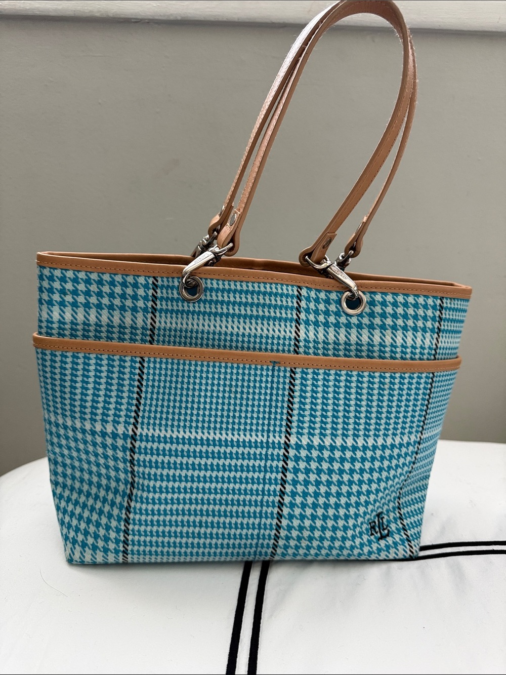 Ralph Lauren Turquoise Houndstooth Tote with Tan Trim